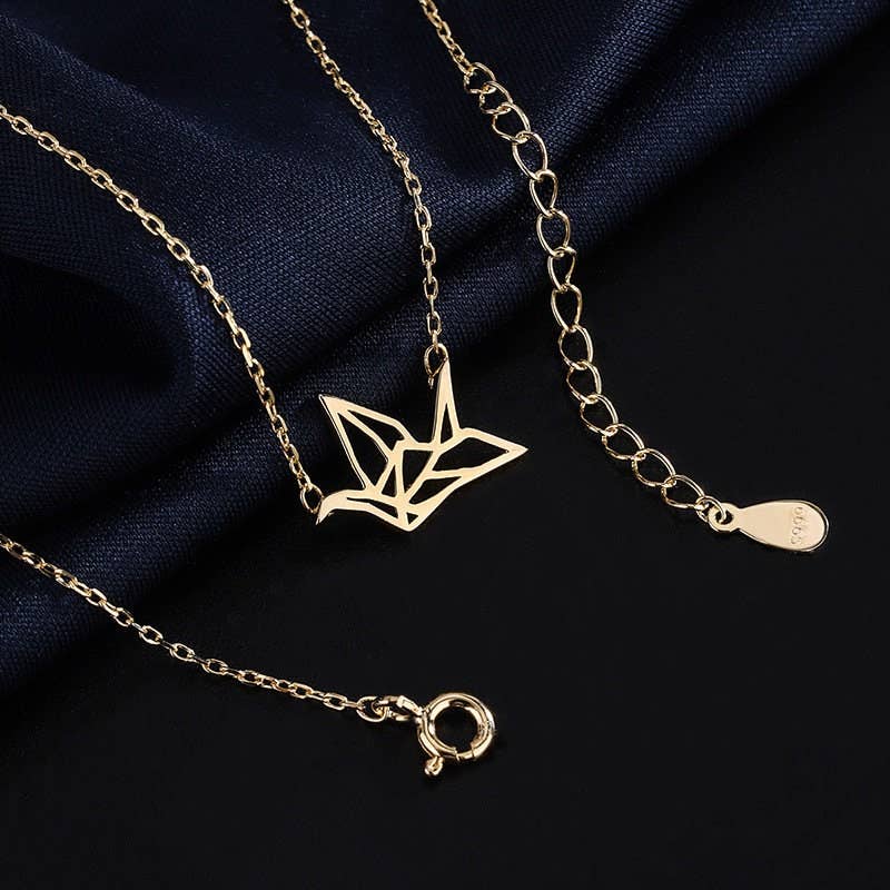 Japanese Orizuru Crane Charm Necklace in 925 Sterling Silver: Silver