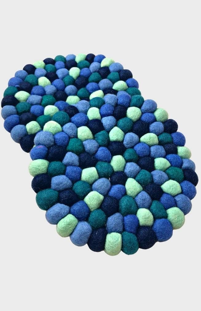Hand Crafted Round Felt Ball Trivet, Assorted Color Options: Blue