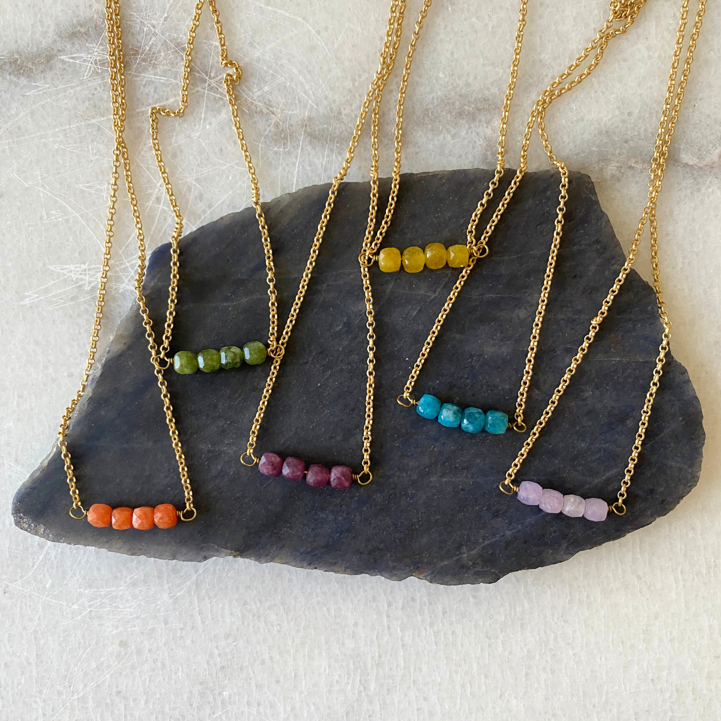 Colorful Stone Cube Matte Gold Chain Necklace: Purple Garnet
