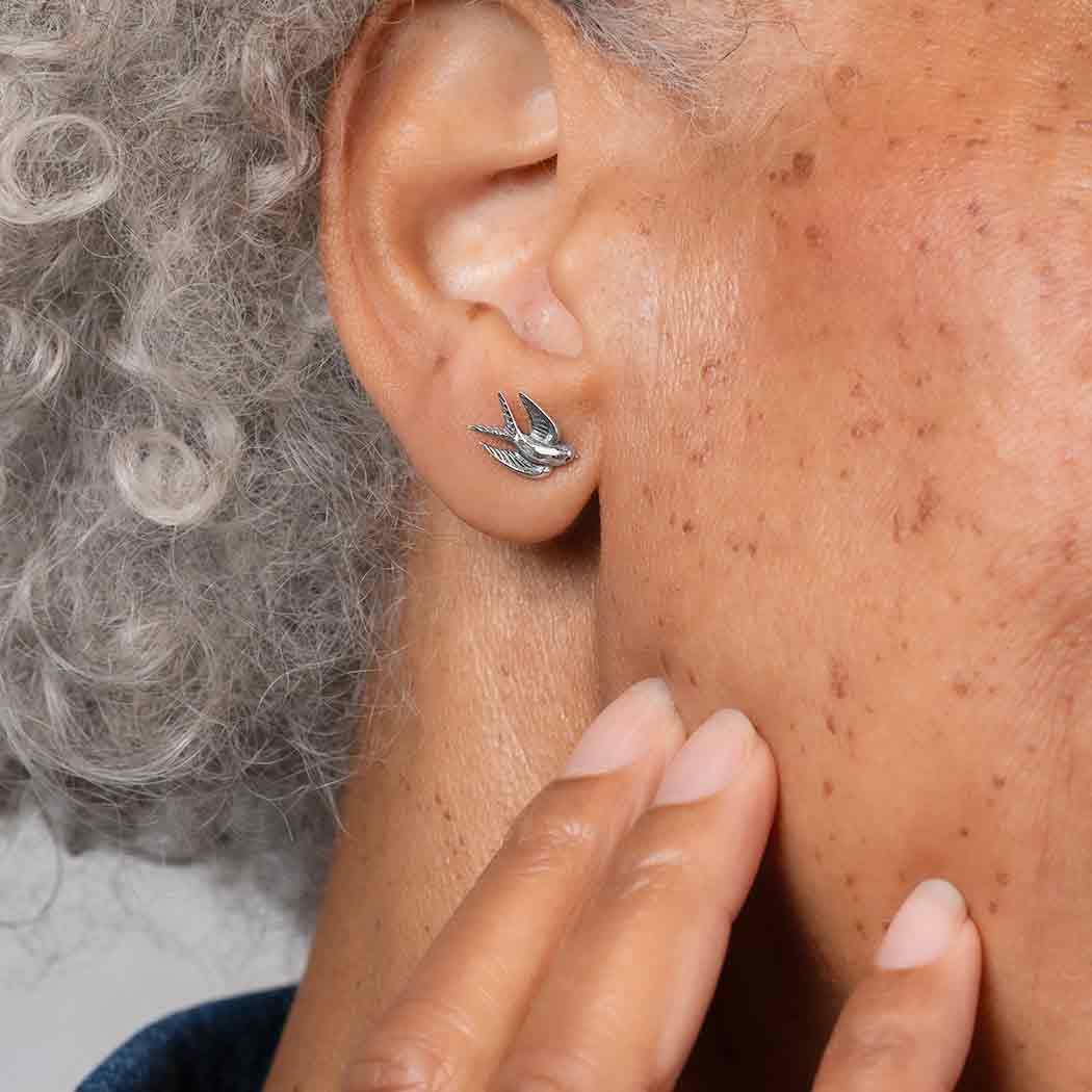 Sterling Silver or Bronze Swallow Post Earrings 9x11mm: Sterling Silver