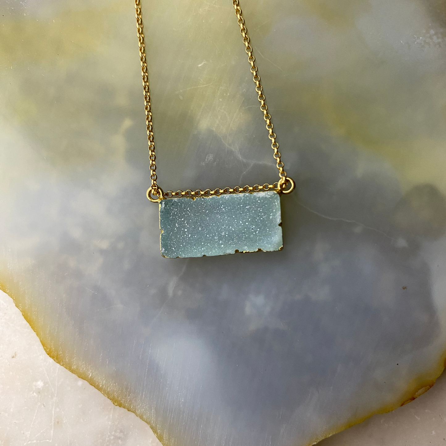 Druzy Agate Rectangle Bar Gold Vermeil Matte Gold Necklace: Blue