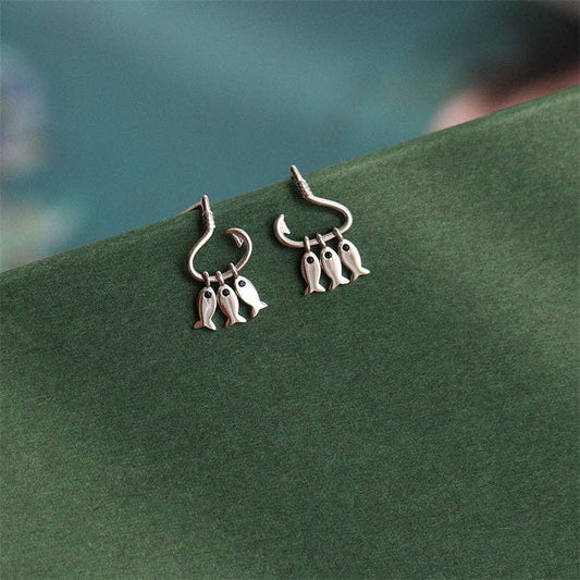 Dainty Tiny Three Fish Dangle Drop Earrings